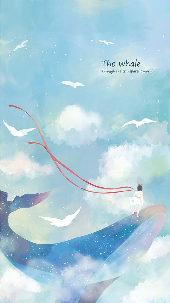 蓝色唯美鲸鱼卡通小女孩gif插画