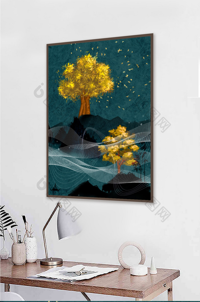 新中式抽象风景黄金树木飞鸟金箔艺术装饰画