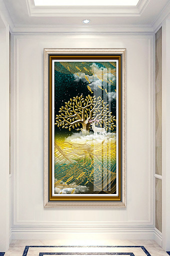 简欧金色树木麋鹿线条风景晶瓷玄关装饰画图片