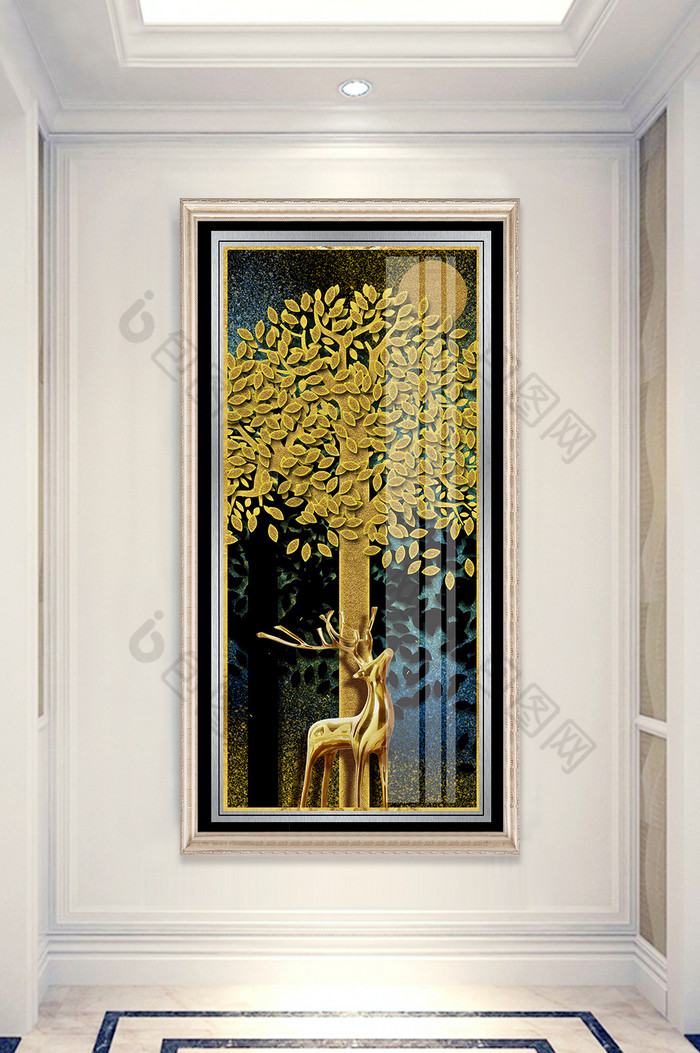 简欧金色树木麋鹿夜晚风景晶瓷玄关装饰画图片图片