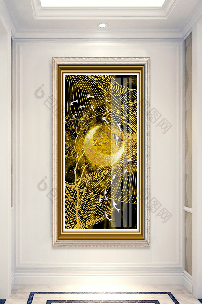简欧金色线条月亮风景晶瓷玄关装饰画图片图片