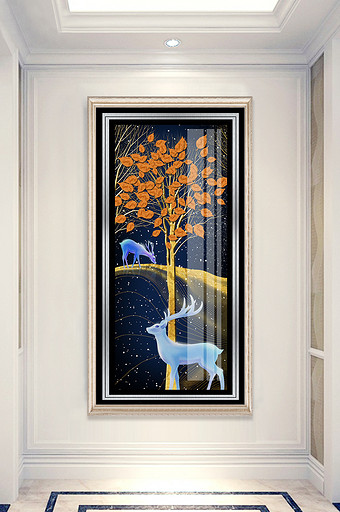 简欧森林麋鹿风景晶瓷玄关装饰画图片