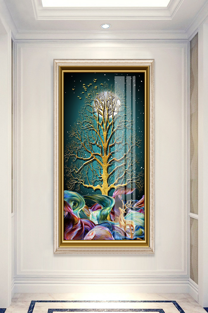 简欧树木彩带麋鹿风景晶瓷玄关装饰画图片