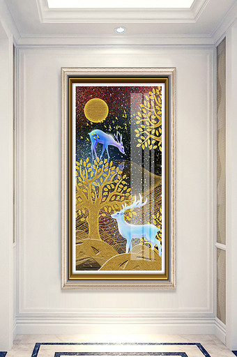 简欧金色森林麋鹿风景晶瓷玄关装饰画图片