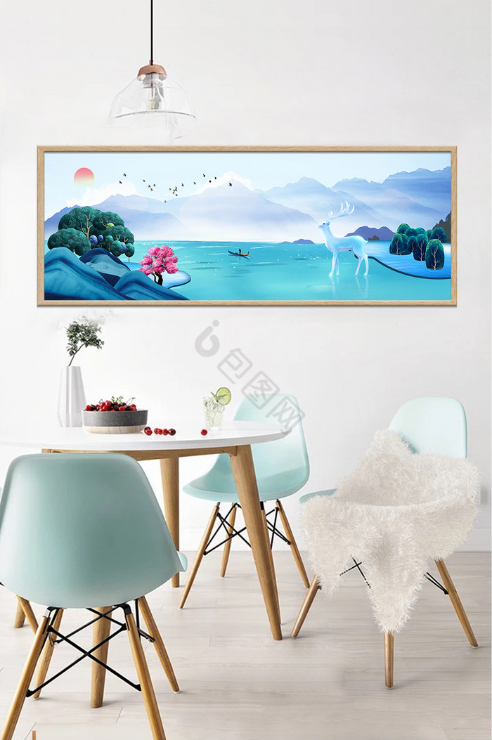 中式唯美山水风景麋鹿飞鸟客厅装饰画图片