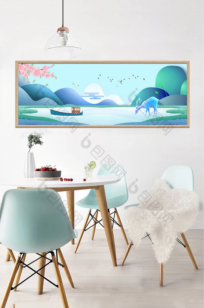 山水风景樱花麋鹿飞鸟客厅装饰画图片图片