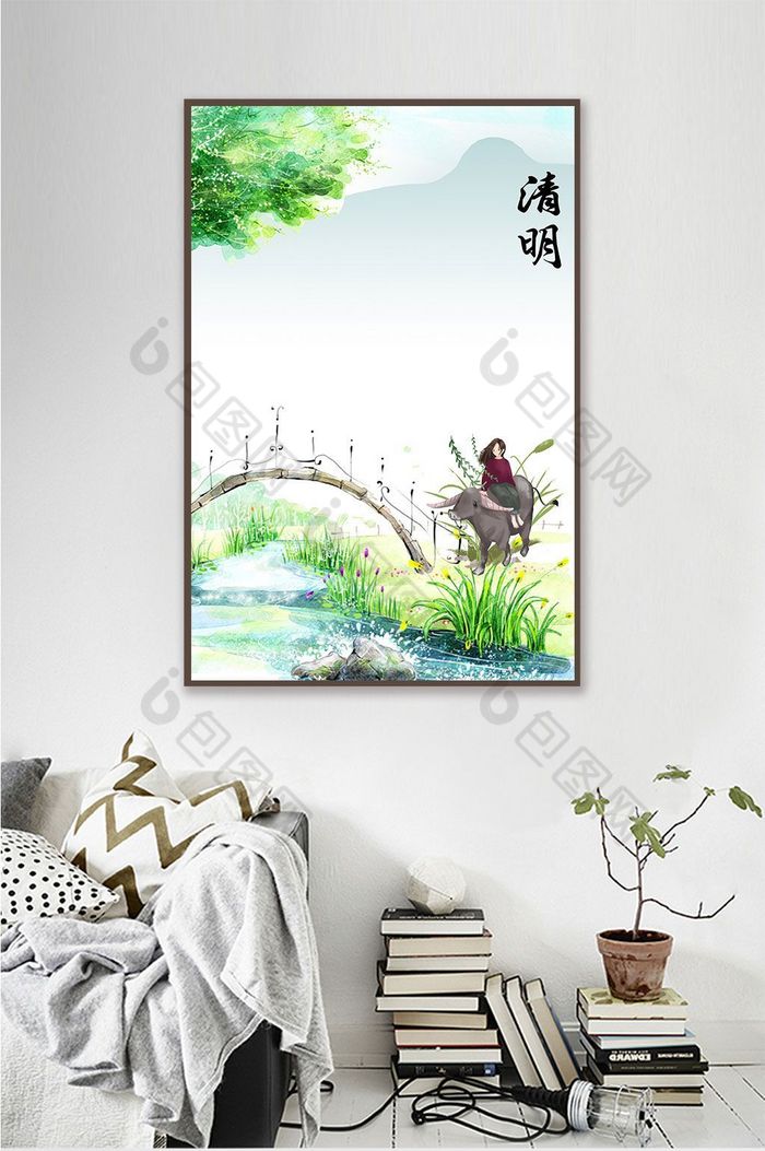 手绘节气清明牧童放牛风景玄关装饰画