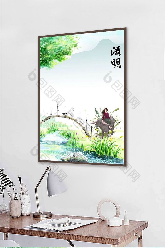 手绘节气清明牧童放牛风景玄关装饰画