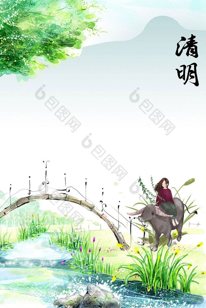手绘节气清明牧童放牛风景玄关装饰画