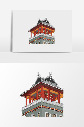 手绘古建亭子插画元素