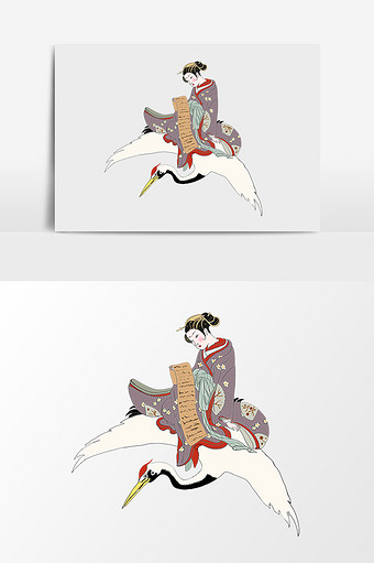 手绘浮世绘风格骑着仙鹤的女人插画元素图片