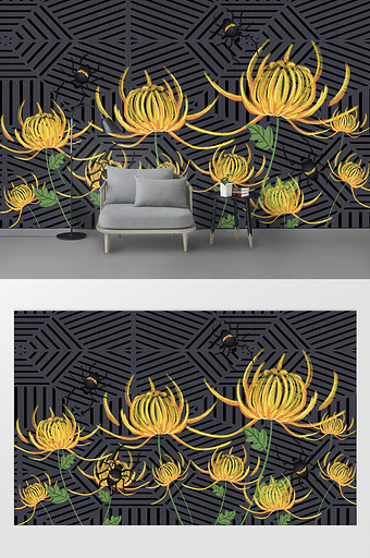 新现代简约蜘蛛网格底纹手绘菊花植物背景墙图片