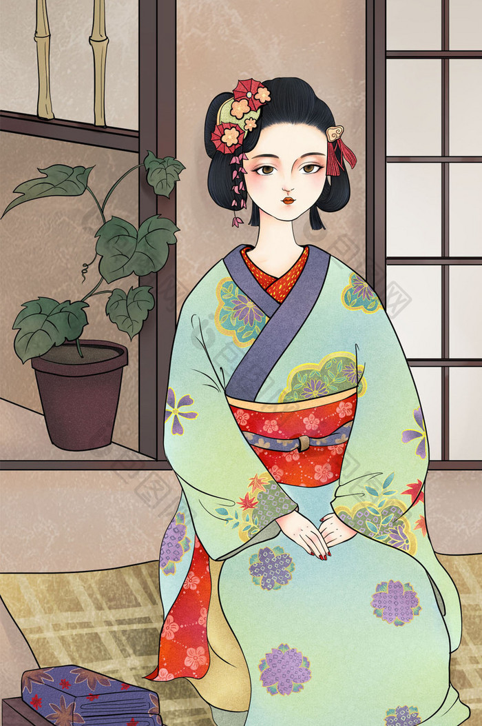 复古日本浮世绘和服少女古典唯美gif插画