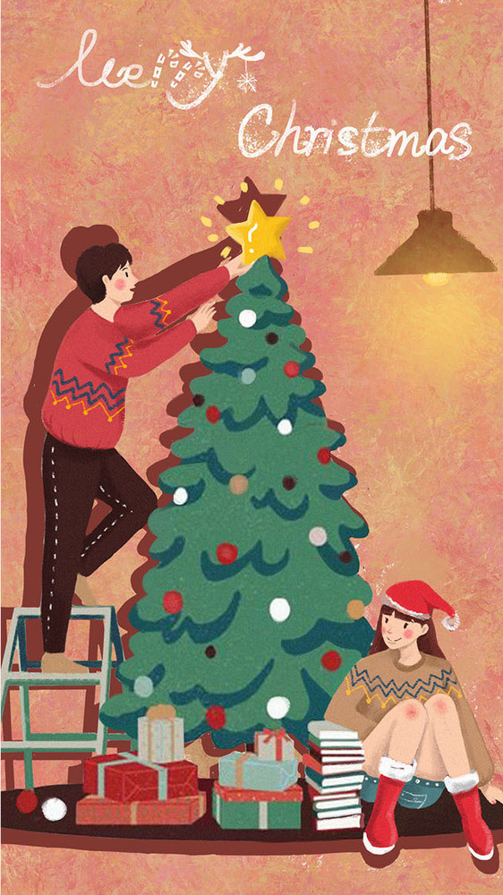 诞节圣诞树小女孩礼物唯美手绘gif插画图片