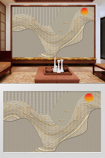 新中式抽象线条仿石纹飞鸟客厅电视背景图片