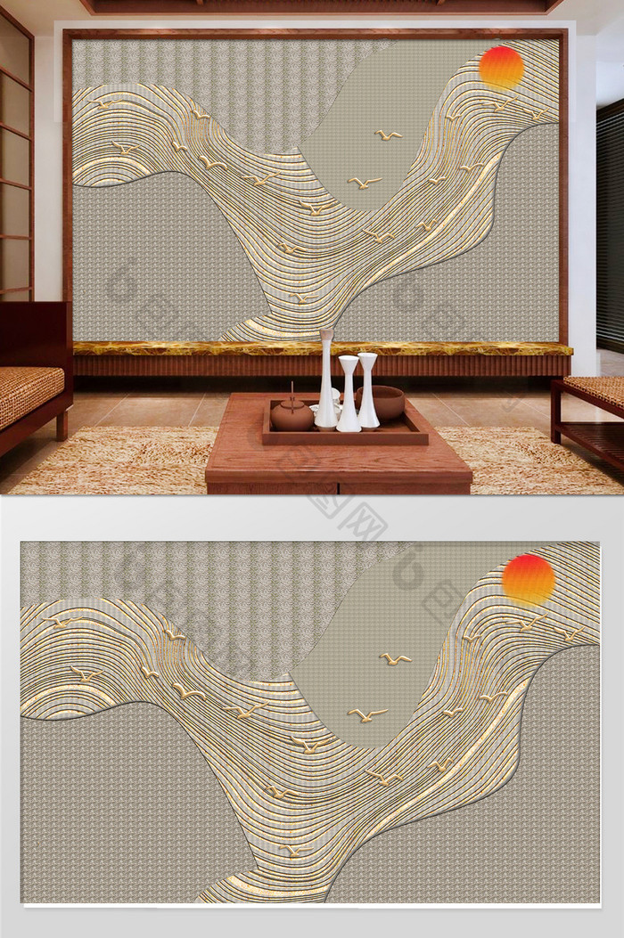 新中式抽象线条仿石纹飞鸟客厅电视背景