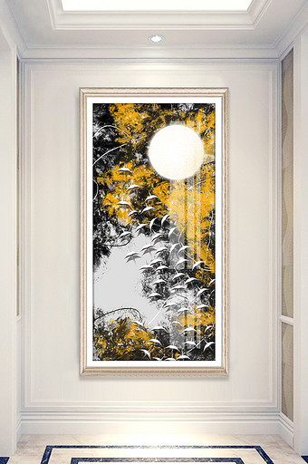 新中式抽象水墨立体飞鸟风景晶瓷玄关装饰画图片