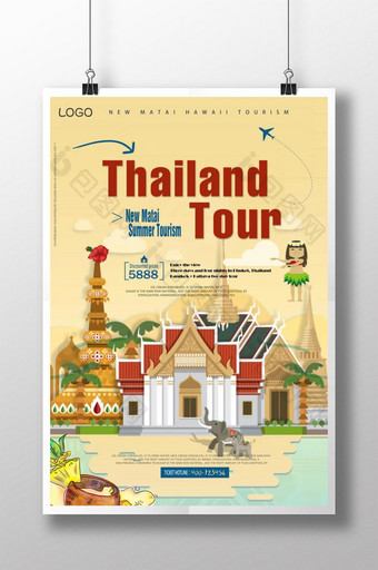 平坦的黄色背景泰国旅游海报图片