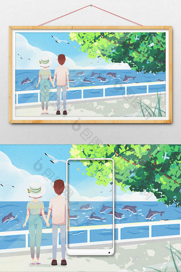 情侣海边散步看海豚游泳插画图片图片