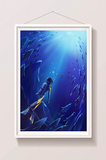 蓝色海底潜水与鱼群共舞插画图片
