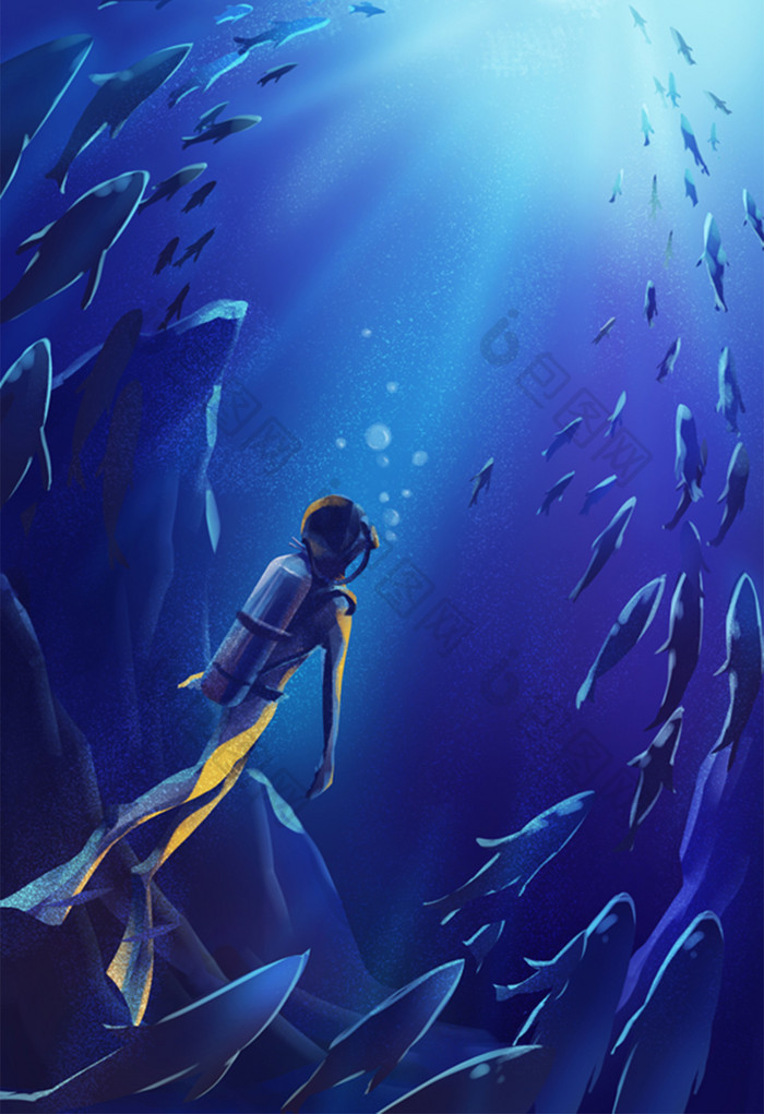 蓝色海底潜水与鱼群共舞插画