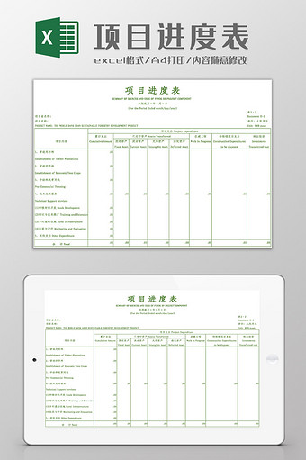 绿色英文项目进度表Excel模板图片