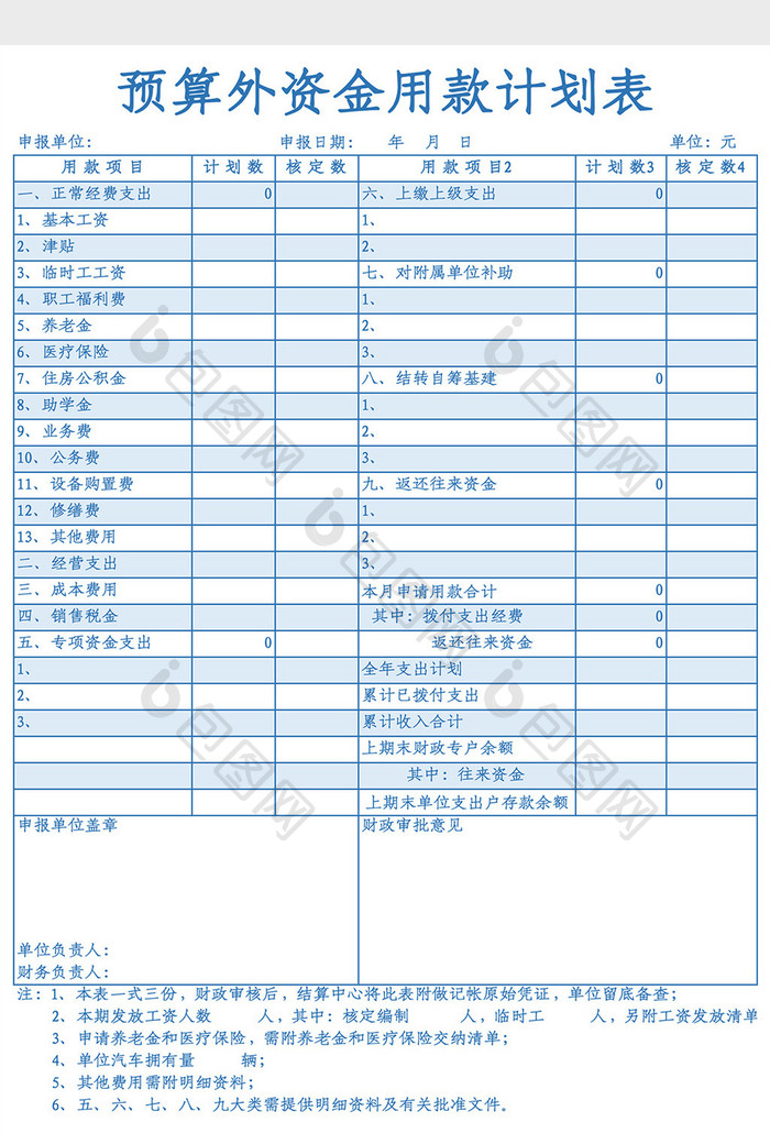 预算外资金用款计划表Excel模板