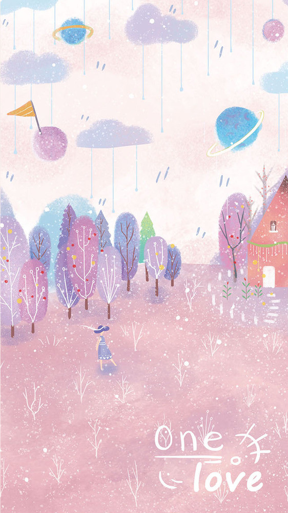 粉红色星球小树小人卡通gif插画图片