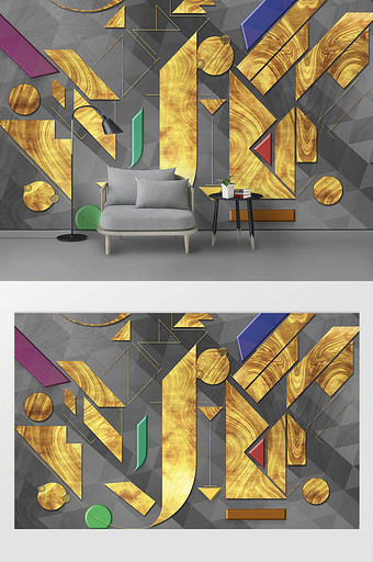 新现代简约抽象金色几何撞色背景墙图片