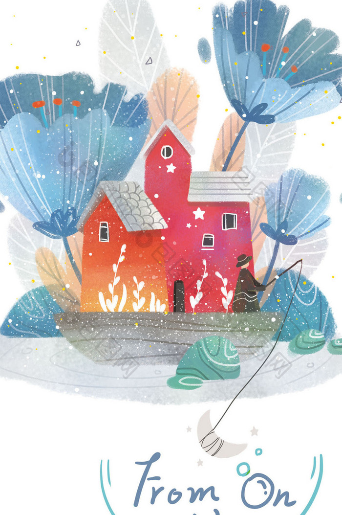 蓝色房子小植物卡通唯美手绘gif插画