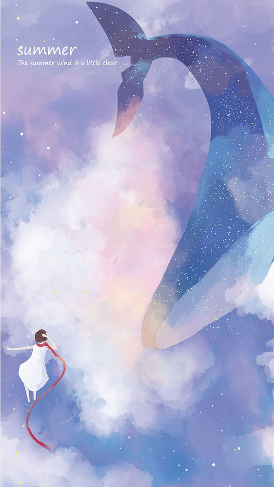 唯美鲸鱼小女孩水彩gif插画