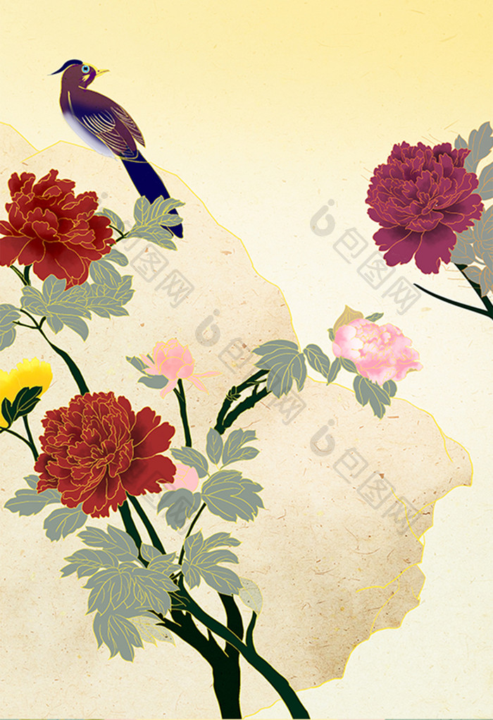 中国风牡丹国花画眉国潮传统文化花卉水墨画