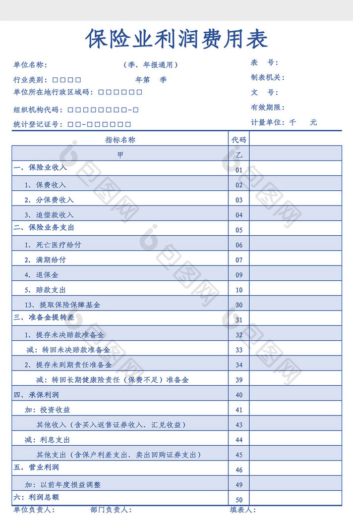 保险业利润费用表Excel模板