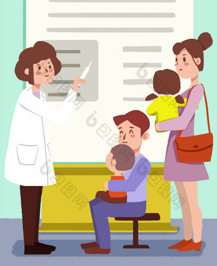 浅绿色卡通手绘医生家长儿童婴儿接种预防日
