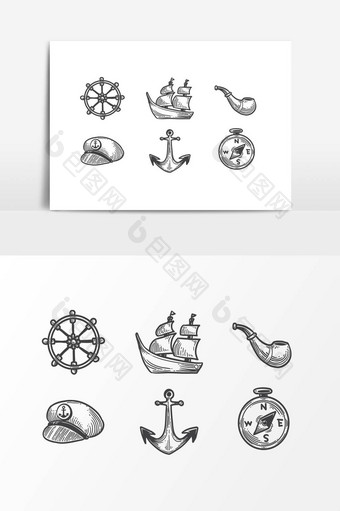 手绘航海罗盘帆船设计素材图片