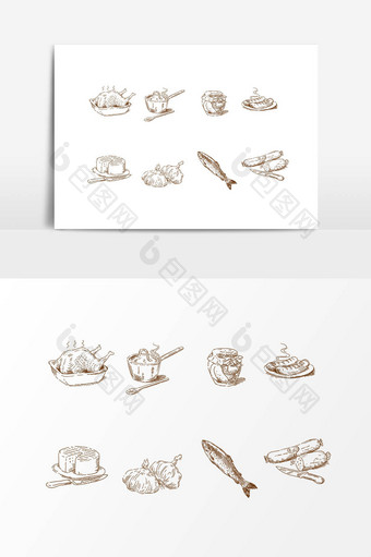 手绘线描食物鱼设计素材图片