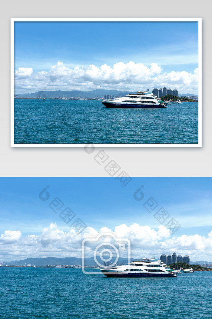 蓝天大海游艇三亚景观白云背景素材高清摄影