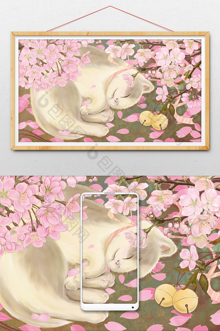 樱花与猫铃铛安眠樱花节治愈系插画图片图片