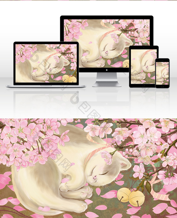 清新唯美樱花与猫铃铛安眠樱花节治愈系插画
