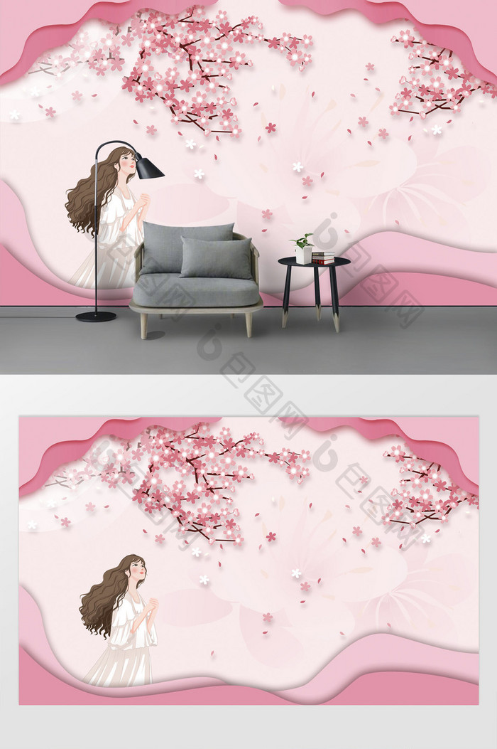 现代唯美手绘卡通女孩樱花粉色花瓣背景墙