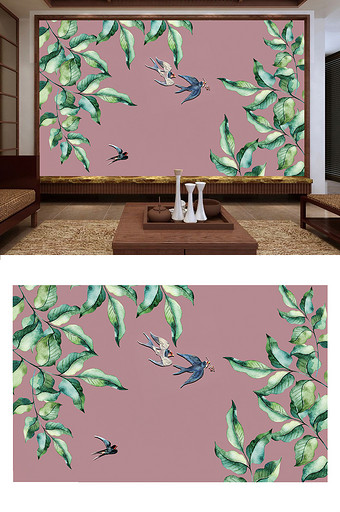 春天燕子绿叶中式工笔画背景墙图片