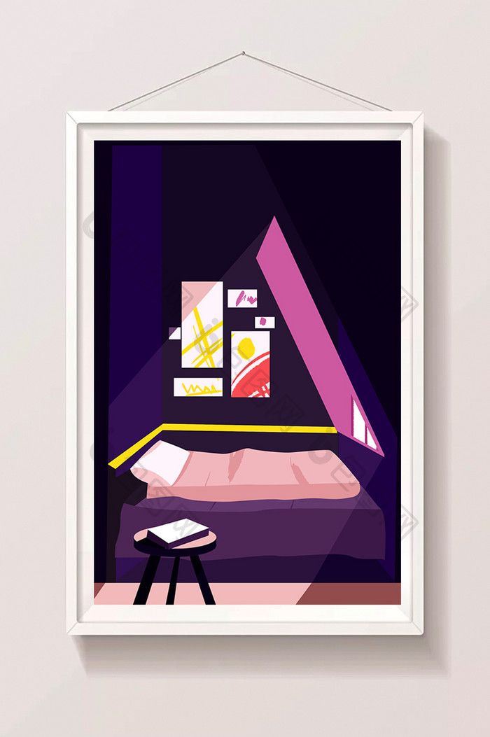 紫色深度扁平悠闲生活卧室商业插画