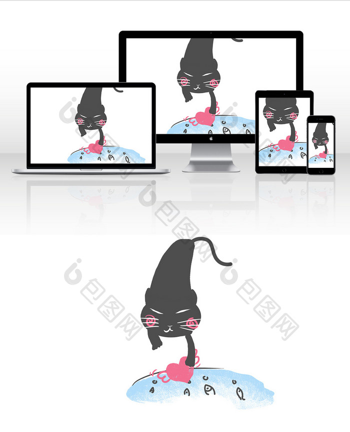 黑猫捕鱼抓爱心插画动图手绘表情包gif