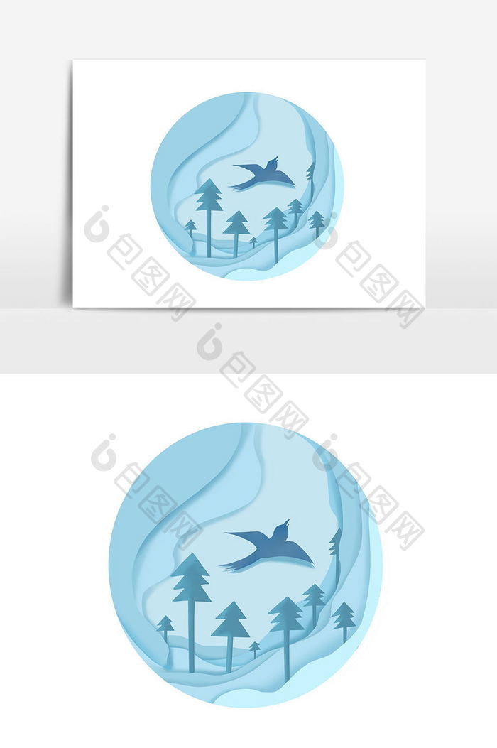 剪纸风创意蓝色森林飞鸟插画元素