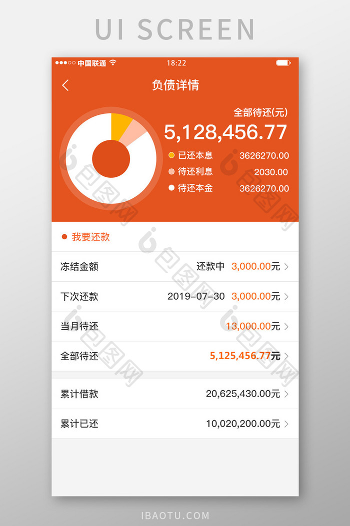 蓝色科技金融理财app负债详情移动界面