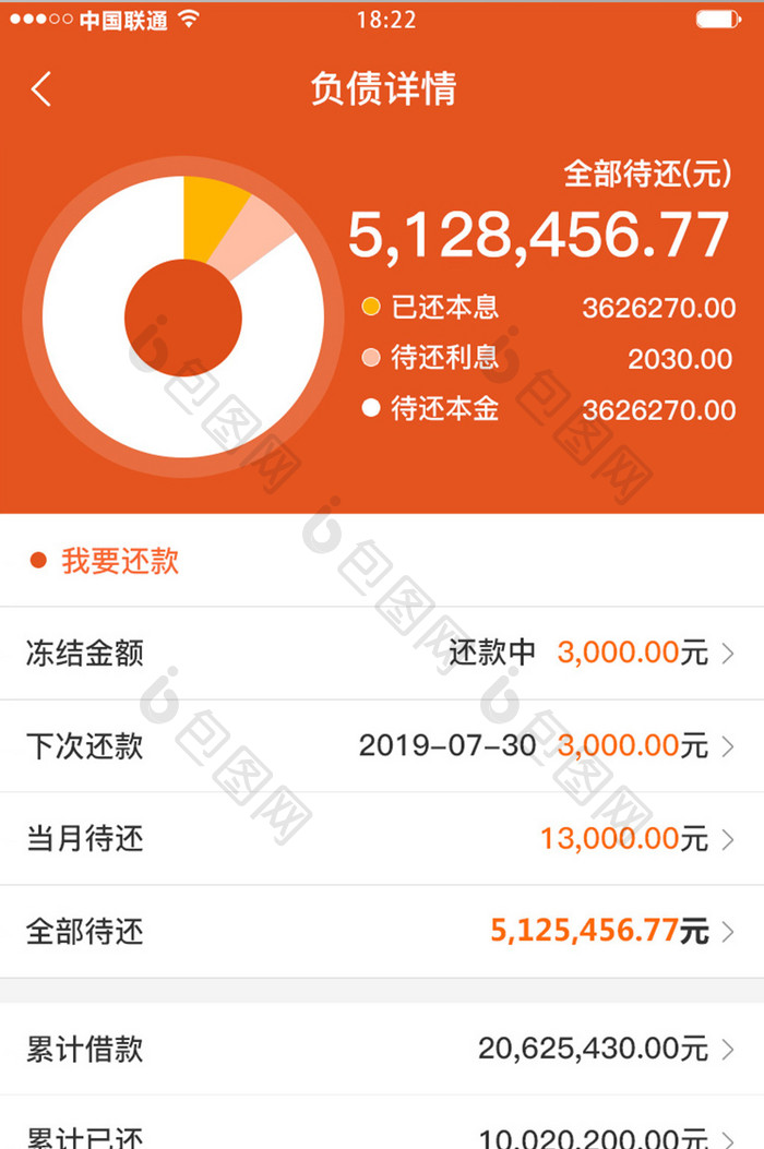 蓝色科技金融理财app负债详情移动界面