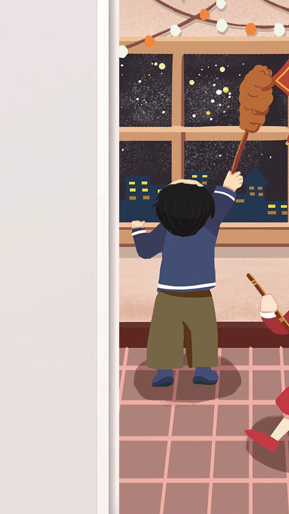 小年扫尘大扫除喜庆红色少女唯美gif插画