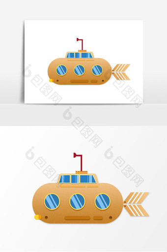 卡通褐色剪纸潜艇海洋元素图片