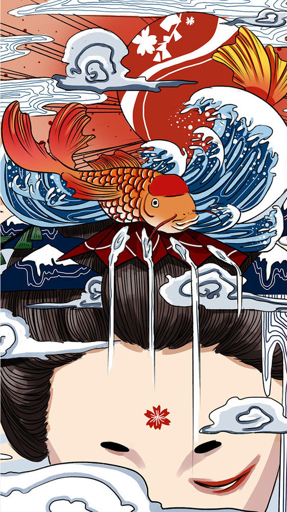 日本和风唯美艺伎海浪白云gif插画