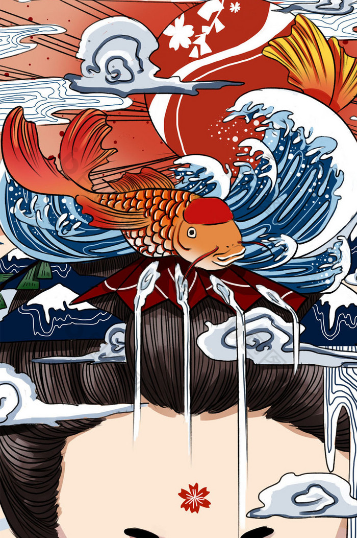 日本和风唯美艺伎海浪白云gif插画